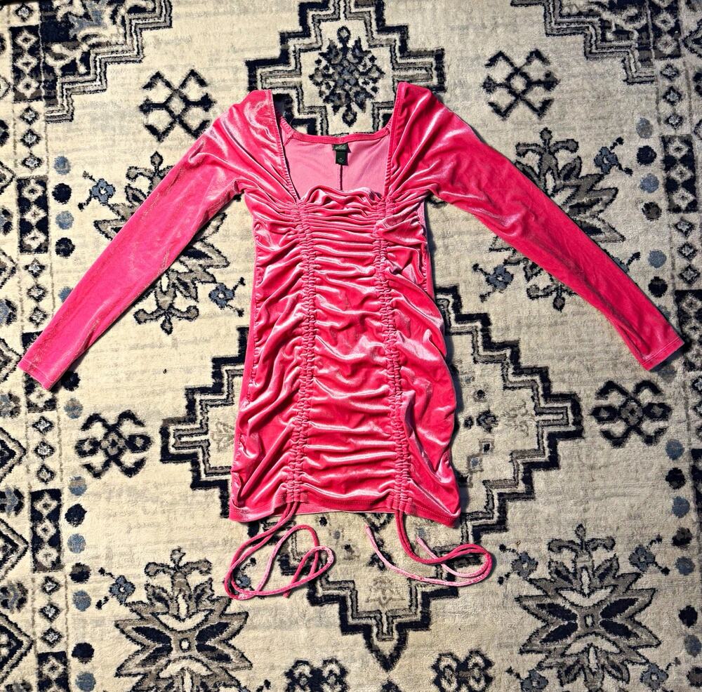 Wild Fable Pink Velvet Bodycon Mini Dress Square Neck Long Sleeve Ruched XS